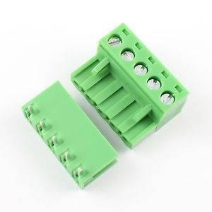 5 Pin Connector PCB Mount Right Angle, Bent Screw Terminal Connector - shown as a pair of green plastic components with five screw terminals and pins.