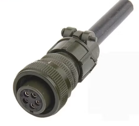 5 Pin Military Connector - High-Performance & Durable | Digilog.pk - an olive-drab circular connector with five internal pin sockets and a cable strain relief clamp attached to a black cable.
