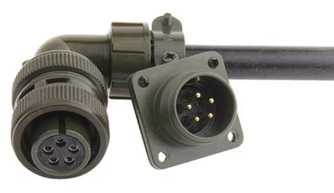 5 Pin Military Connector - High-Performance & Durable | Digilog.pk - an olive green 90-degree angled cable connector paired with a matching square-flange panel-mount connector.