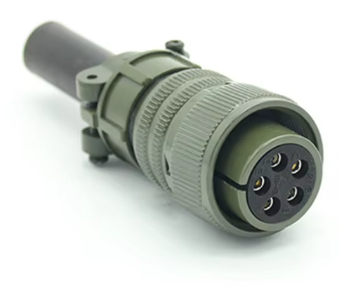 5 Pin Military Connector - High-Performance & Durable | Digilog.pk - olive green, cylindrical circular connector with five internal pin sockets and a black cable strain relief at the rear.