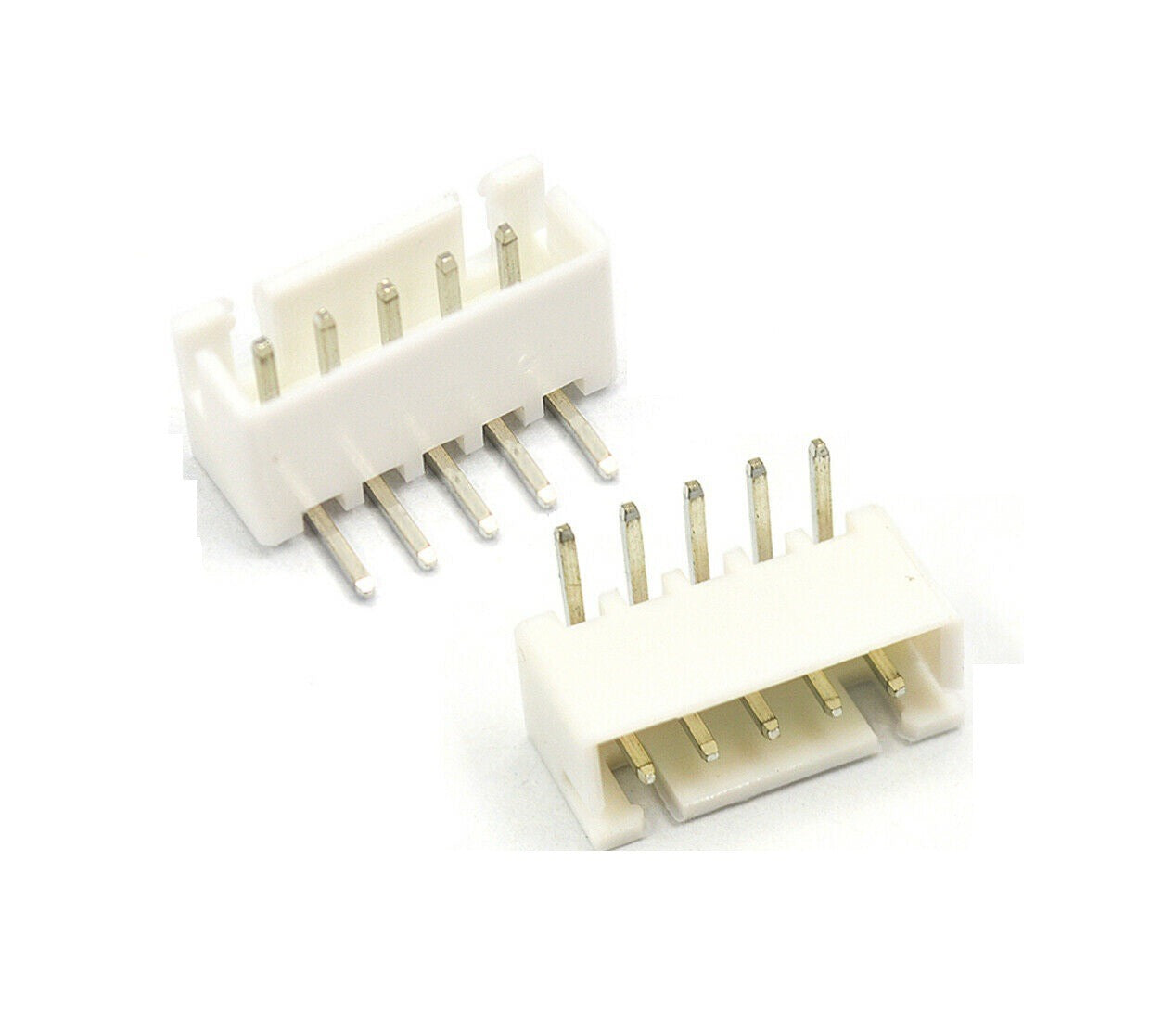 5 Pin Right Angle Male 2.5mm JST Xh Style PCB Mount Connector - two white plastic connectors with five metal pins each in a right-angle configuration.