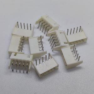 5 Pin Right Angle Male 2.5mm JST Xh Style PCB Mount Connector - a pile of several white plastic connectors with five metallic pins each.