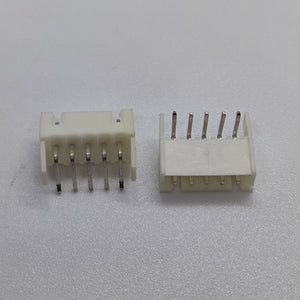 5 Pin Right Angle Male 2.5mm JST Xh Style PCB Mount Connector - shown as two white plastic components with five metal pins each, viewed from different angles.