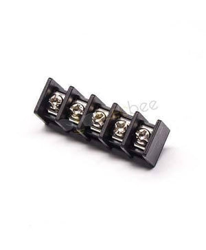 5 Pin Terminal Block Connector Straight Through Hole Black Barrier Terminal - five-position barrier terminal strip featuring silver-coloured screw terminals arranged in a straight line.