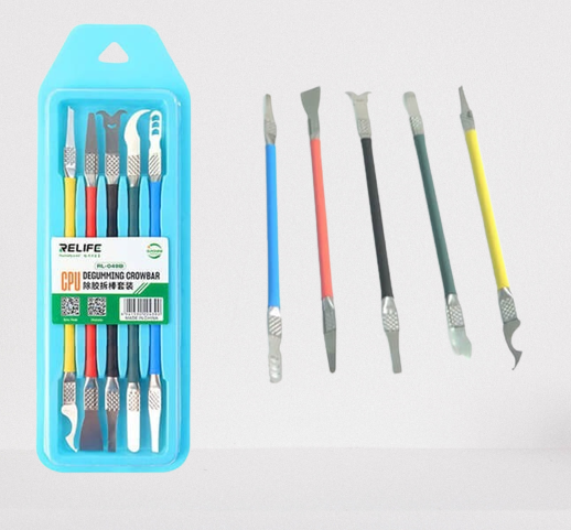 5 x Scraper Kit Sticker Remover for Mobile Phone Scraper for Phone Repairs Mobile Phone Repair Tool Repair Levers Laptop Curious Tablet Laptop - a Relife RL-049D degumming crowbar set inside blue plastic packaging alongside five loose, multi-coloured repair levers.