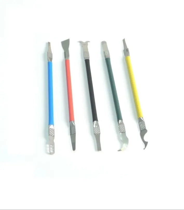 5 x Scraper Kit Sticker Remover for Mobile Phone Scraper for Phone Repairs Mobile Phone Repair Tool Repair Levers Laptop Curious Tablet Laptop - five double-ended metal repair tools with blue, red, black, green, and yellow handles arranged in a row.