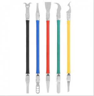 5 x Scraper Kit Sticker Remover for Mobile Phone Scraper for Phone Repairs Mobile Phone Repair Tool Repair Levers Laptop Curious Tablet Laptop - five dual-ended metal repair tools with black, blue, red, green, and yellow handles arranged vertically.