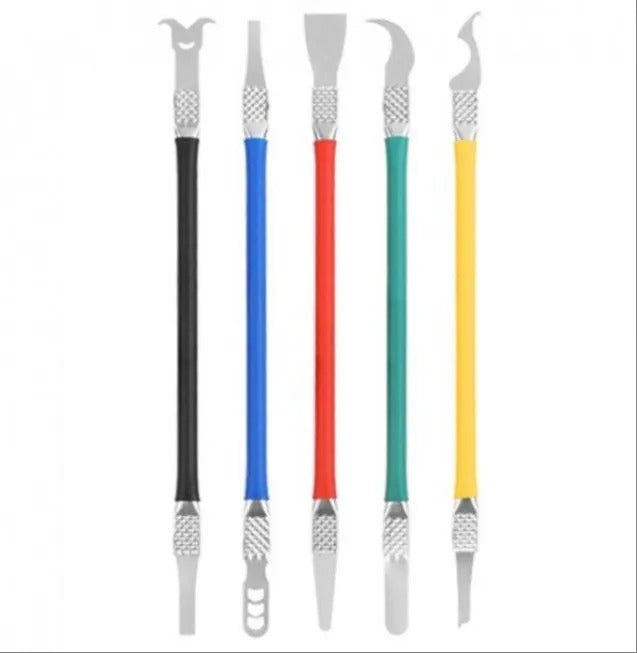 5 x Scraper Kit Sticker Remover for Mobile Phone Scraper for Phone Repairs Mobile Phone Repair Tool Repair Levers Laptop Curious Tablet Laptop - five dual-ended metal repair tools with black, blue, red, green, and yellow handles arranged vertically.
