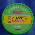 50 Grams Soldering Wire - a circular green container with a label showing the brand FINE, alloy 63/37, 2.0% flux, and 0.7 diameter.