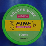 50 Grams Soldering Wire - a circular green container with a label showing the brand FINE, alloy 63/37, 2.0% flux, and 0.7 diameter.