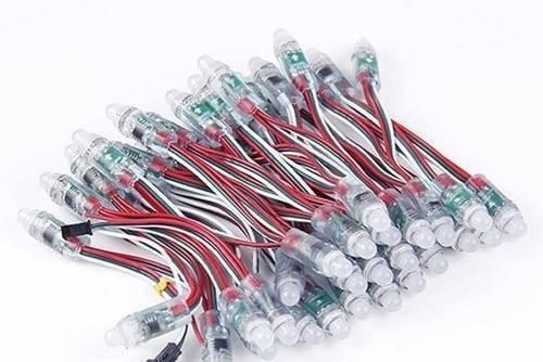 50 LED’s Pack 12mm Neo Pixels Addressable LED Diffused Digital RGB Pixel LED Light - shown as a bundle of interconnected clear LED nodes with red, white, and green wires.