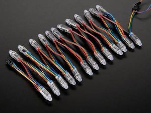 50 LED’s Pack 12mm Neo Pixels Addressable LED Diffused Digital RGB Pixel LED Light - a string of individual clear LED modules connected by wires.