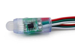 50 LED’s Pack 12mm Neo Pixels Addressable LED Diffused Digital RGB Pixel LED Light - a close-up view of a single diffused RGB LED module with an integrated chip and four colored wires.