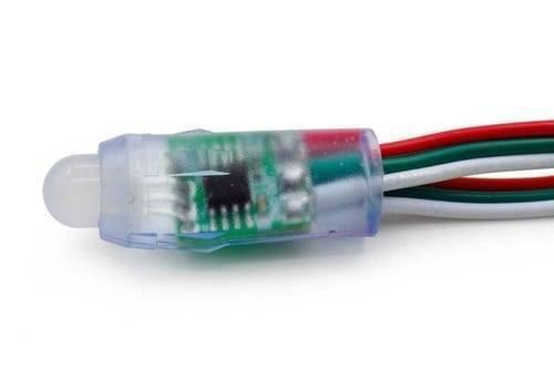 50 LED’s Pack 12mm Neo Pixels Addressable LED Diffused Digital RGB Pixel LED Light - a close-up view of a single diffused RGB LED module with an integrated chip and four colored wires.