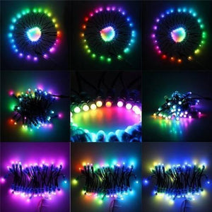 50 LED’s Pack 12mm Neo Pixels Addressable LED Diffused Digital RGB Pixel LED Light - shown in a collage of nine images displaying various colorful lighting patterns.