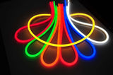 50 Meter 12V Neon Rope Light Red, Green Blue, White, Pink - arranged in a fan-shaped pattern of glowing, flexible LED neon strips on a white surface.
