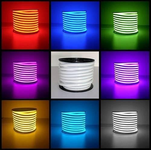 50 Meter 12V Neon Rope Light Red, Green Blue, White, Pink - shown in a grid of nine images featuring various illuminated colors and one unlit spool of coiled white rope light.