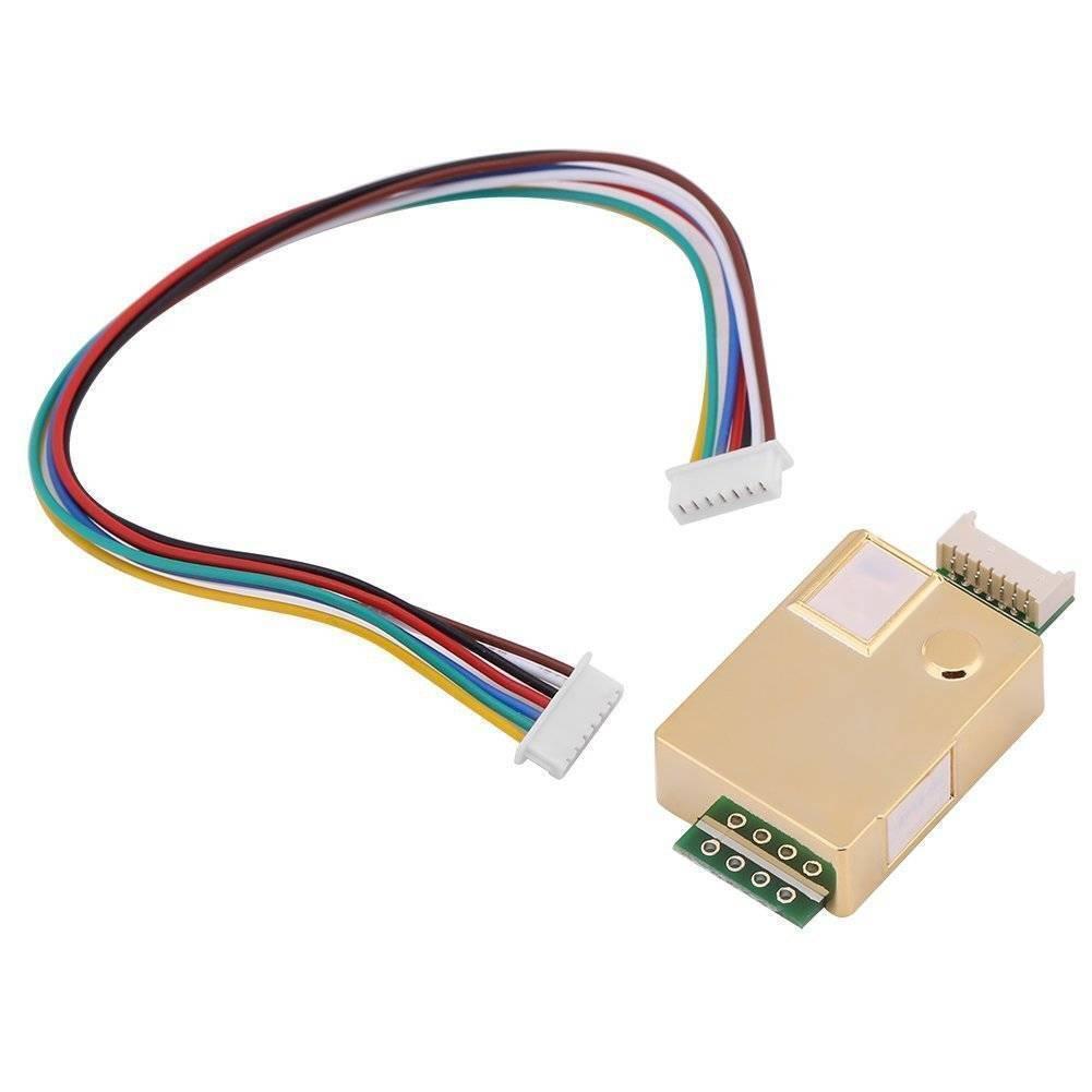 5000PPM MH-Z19B CO2 Sensor Module - shown with a gold-toned rectangular sensor, a green circuit board with eight pin holes, and a multi-coloured wire cable.