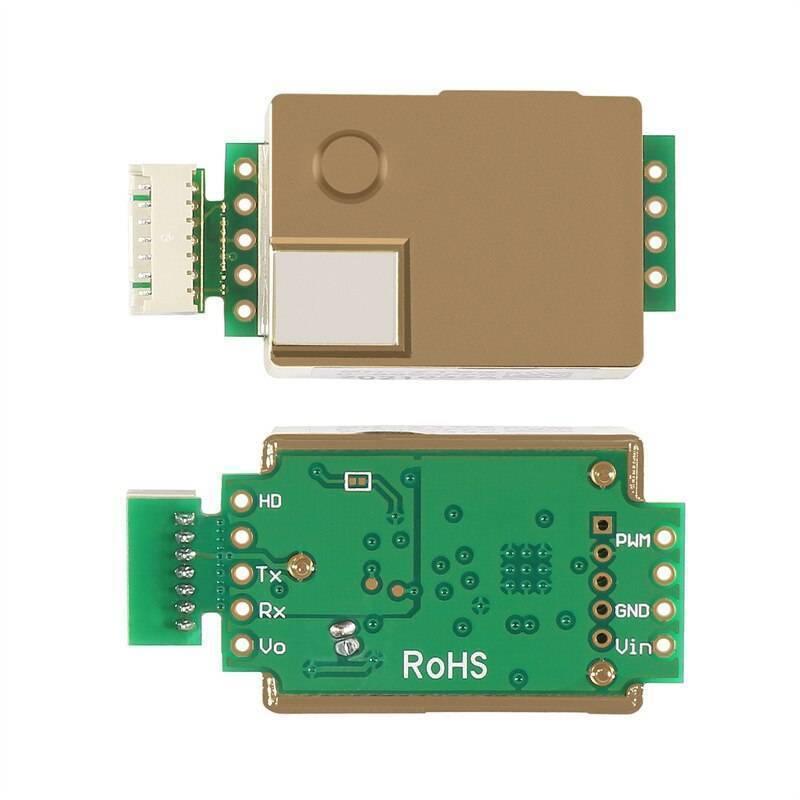5000PPM MH-Z19B CO2 Sensor Module - shown from top and bottom, featuring a gold-coloured metal casing, a white connector, and labeled pins for PWM, GND, and Vin.