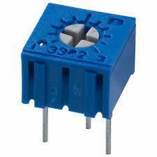 500k 3386 Single Turn Variable Potentiometer - a blue, square-shaped electronic component with three metal pins and a white slotted adjustment screw.