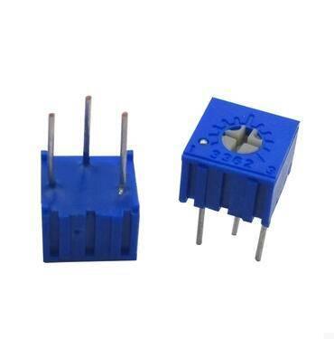 500k 3386 Single Turn Variable Potentiometer - shown as two blue, square-shaped electronic components with three metal pins and a top adjustment screw.
