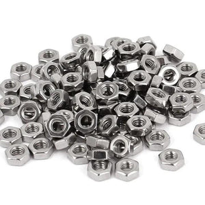 500pcs Metric M3 Nuts Hex Style - shown as a large pile of silver-coloured, hexagonal metal nuts with threaded centers.