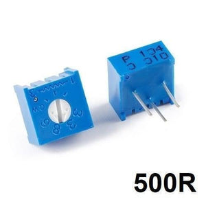 500R Variable Resistor 3386 Single Turn Trimmer Potentiometer - shown as two blue square components with white adjustment screws and three metal pins.