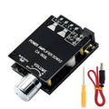 502L Module Bluetooth 5.0 Wireless Digital Amplifier Board Stereo Board 50WX2 Bluetooth Amp Price - a black circuit board with a silver volume knob, speaker terminals, DC power input, a screwdriver, and a power cable.