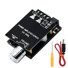 502L Module Bluetooth 5.0 Wireless Digital Amplifier Board Stereo Board 50WX2 Bluetooth Amp Price - a black circuit board with a silver volume knob, speaker terminals, DC power input, a screwdriver, and a power cable.