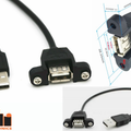 50cm Panel Mount USB Cable A Male To A Female Extension Cable With Screw Lock Connector - a black cable with a USB-A male connector and a female panel-mount end with dimensions.
