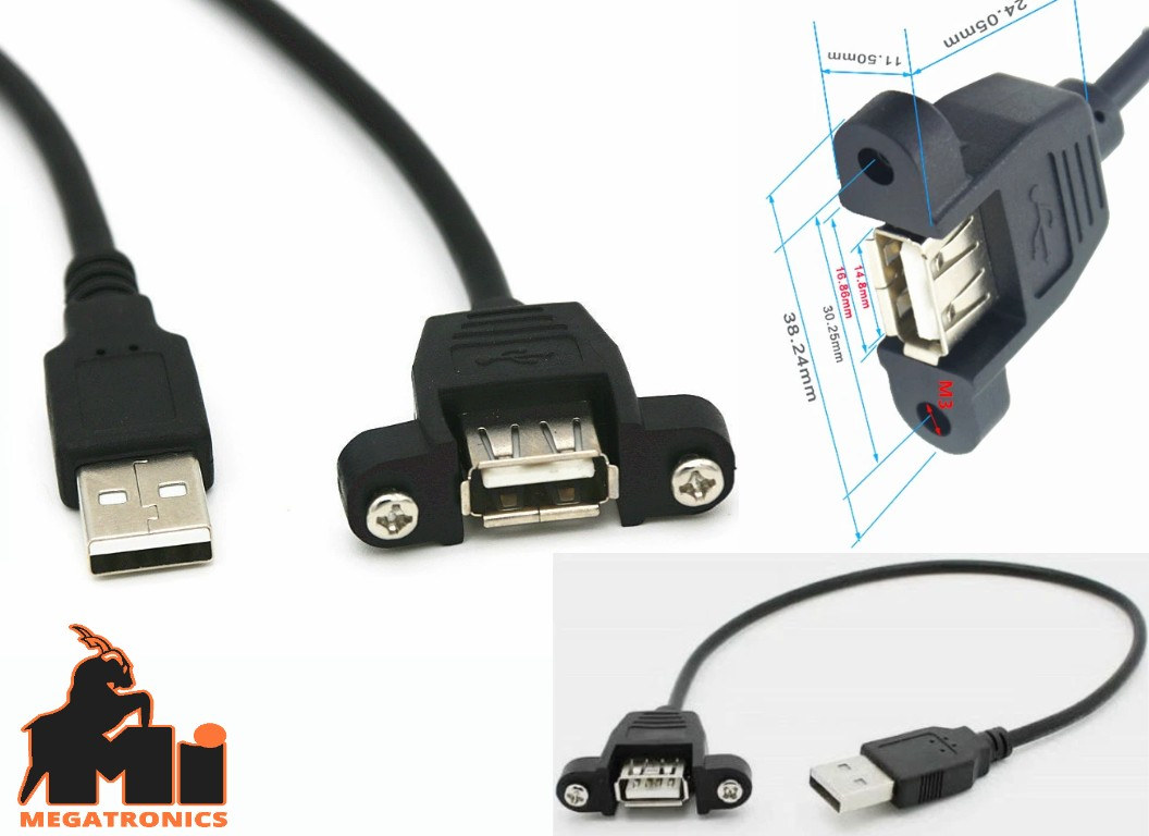 50cm Panel Mount USB Cable A Male To A Female Extension Cable With Screw Lock Connector - a black cable with a USB-A male connector and a female panel-mount end with dimensions.