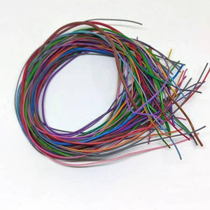 50GRM Multiple Size Flexible Wires Jumper Wire Solder Able Wires Different Colors Mix Length Used - a coiled bundle of thin, multi-coloured flexible wires on a white background.