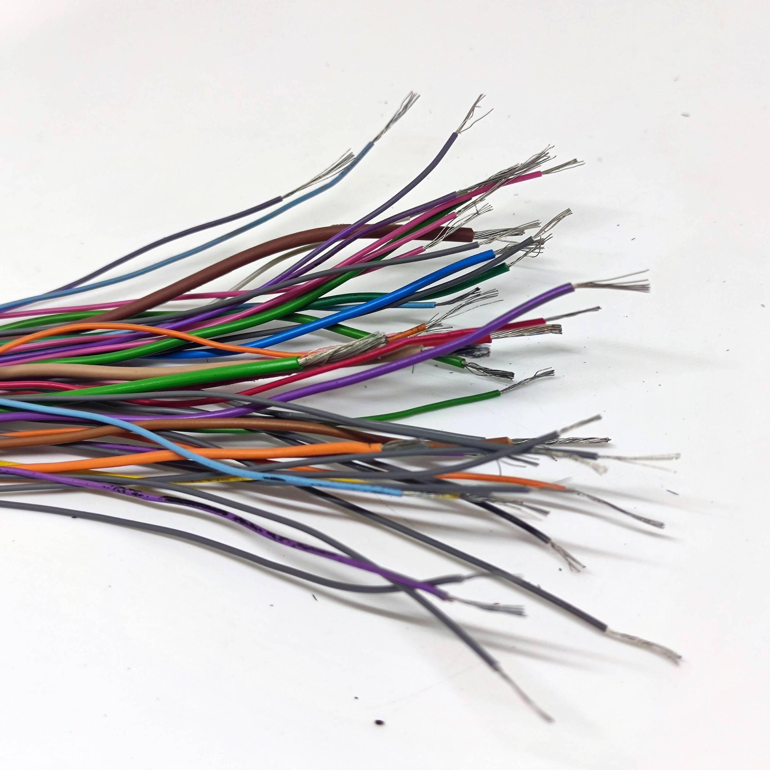 50GRM Multiple Size Flexible Wires Jumper Wire Solder Able Wires Different Colors Mix Length Used - a bundle of multi-coloured, flexible jumper wires with exposed, stripped silver wire ends on a white background.