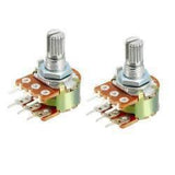 50k Dual Stereo Volume Type Variable Resistor Potentiometer - two identical silver-toned metal components with knurled shafts and six pins each.