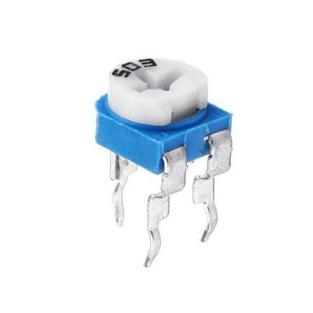50k RM065 Variable Resistor - a blue square-shaped electronic component with three metal pins and a white rotating adjustment dial marked with 503.