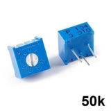 50k Variable Resistor 3386 Single Turn Trimmer Potentiometer - two blue square-shaped components with white adjustment screws and three metal pins.