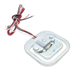 50kg Half Bridge Load Cell Sensor - a silver metal frame with a central white sensor component and attached red, white, and black wires.