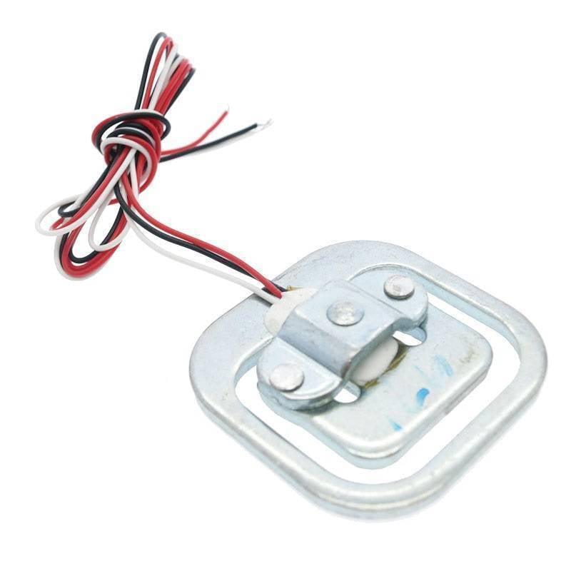 50kg Half Bridge Load Cell Sensor - a silver metal frame with a central white sensor component and attached red, white, and black wires.