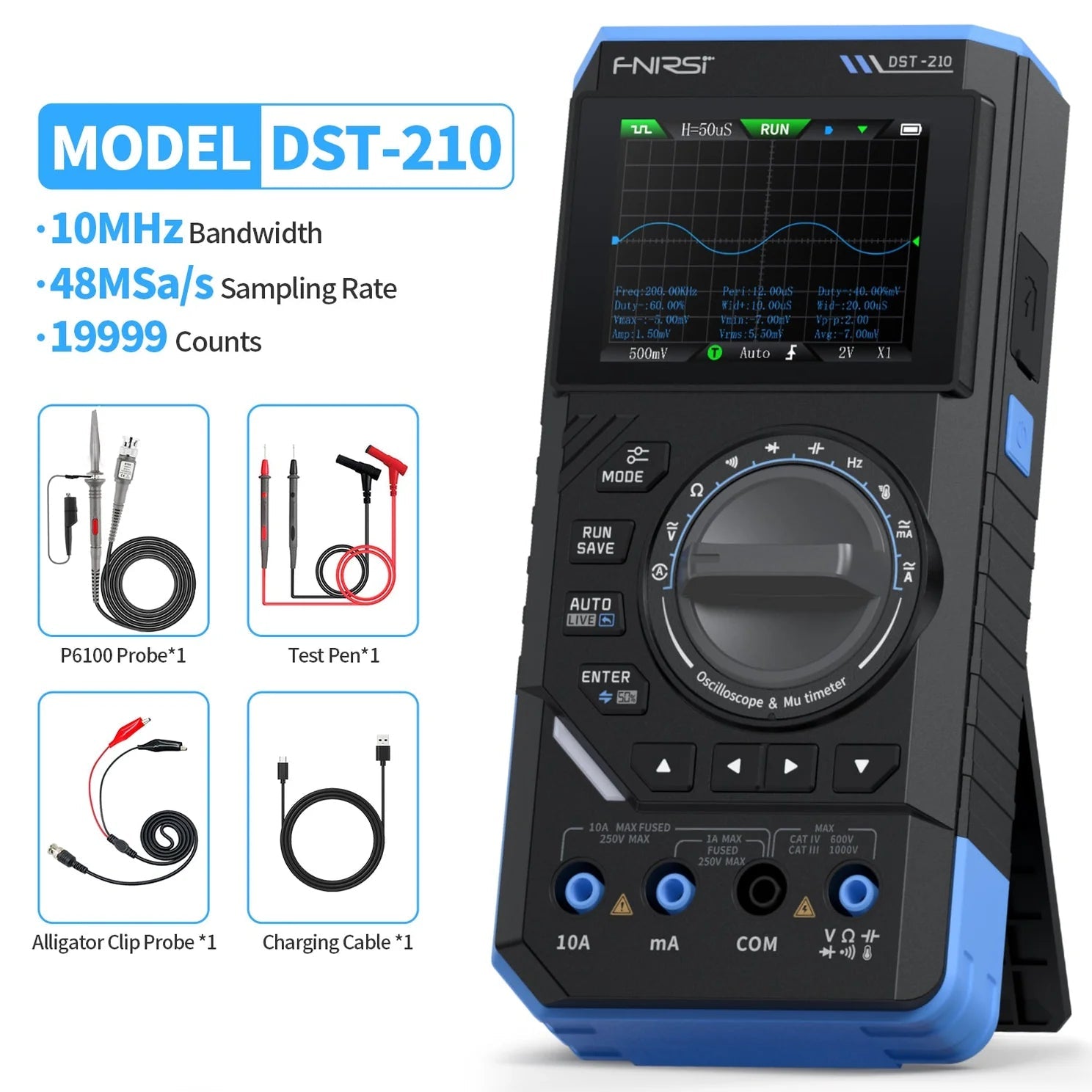 50MHz FNIRSI DST-210 3IN1 Digital Oscilloscope Multimeter Signal Generator - with a screen showing waveform data, a rotary dial, buttons, ports, and four included accessory cables.