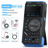 50MHz FNIRSI DST-210 3IN1 Digital Oscilloscope Multimeter Signal Generator - with a screen showing waveform data, a rotary dial, buttons, ports, and four included accessory cables.