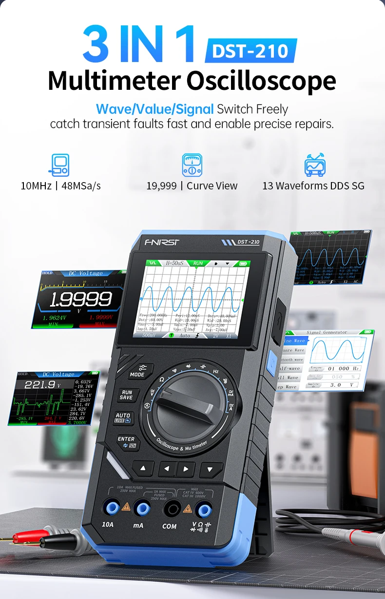 50MHz FNIRSI DST-210 3IN1 Digital Oscilloscope Multimeter Signal Generator - the black and blue handheld device with a central rotary dial, buttons, ports, and screen.