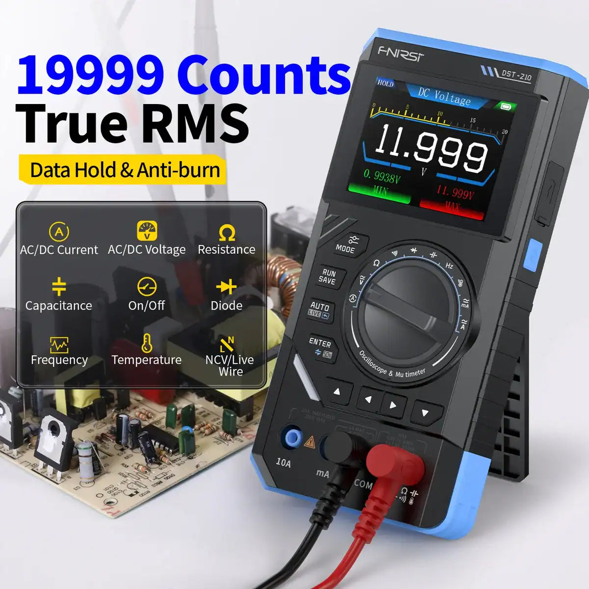 50MHz FNIRSI DST-210 3IN1 Digital Oscilloscope Multimeter Signal Generator - a black handheld device with a color screen displaying 11.999V, a rotary dial, and test leads.