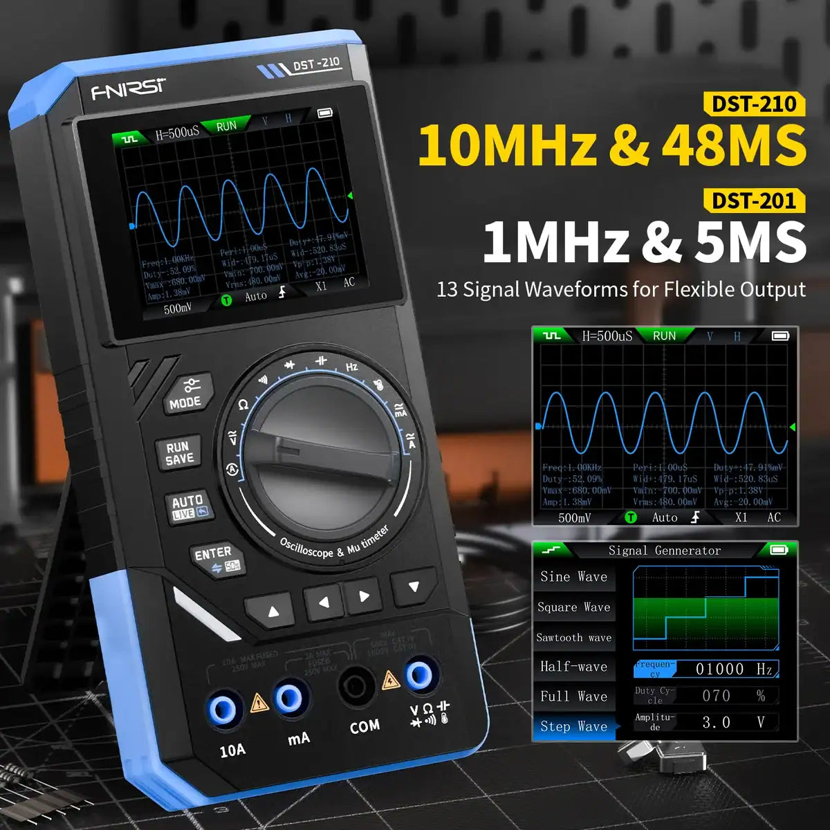 50MHz FNIRSI DST-210 3IN1 Digital Oscilloscope Multimeter Signal Generator - multimeter, and signal generator in black and blue, showing its screen, rotary dial, buttons, and ports.
