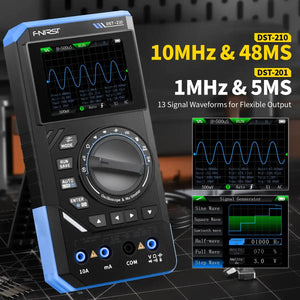 50MHz FNIRSI DST-210 3IN1 Digital Oscilloscope Multimeter Signal Generator - multimeter, and signal generator in black and blue, showing its screen, rotary dial, buttons, and ports.