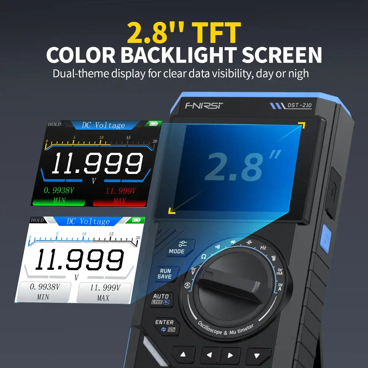 50MHz FNIRSI DST-210 3IN1 Digital Oscilloscope Multimeter Signal Generator - its 2.8-inch color screen with dual-theme display options, rotary mode knob, and control buttons.