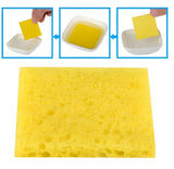 50MMX35MM Soldering Iron Tip Cleaner Soldering Sponge - shown as a yellow rectangular sponge with a diagram demonstrating its use in a bowl of water.