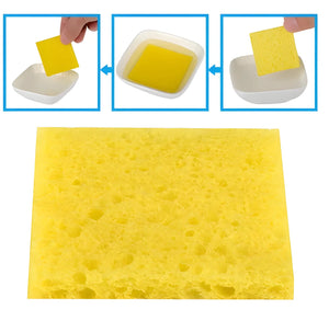 50MMX35MM Soldering Iron Tip Cleaner Soldering Sponge - shown as a yellow rectangular sponge with a diagram demonstrating its use in a bowl of water.