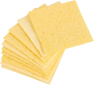 50MMX35MM Soldering Iron Tip Cleaner Soldering Sponge - a stack of ten rectangular, yellow, porous cleaning sponges arranged in a fan pattern.