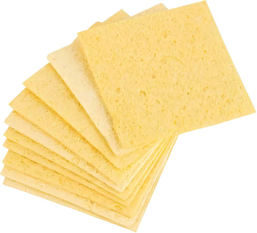 50MMX35MM Soldering Iron Tip Cleaner Soldering Sponge - a stack of ten rectangular, yellow, porous cleaning sponges arranged in a fan pattern.