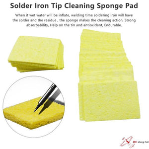 50MMX35MM Soldering Iron Tip Cleaner Soldering Sponge - shown as a stack of yellow rectangular sponges and a close-up of a soldering iron tip on one.